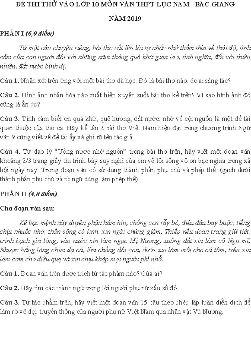 Đề thi thử vào lớp 10 môn Ngữ Văn THPT Lục  Nam - Bắc Giang năm 2019