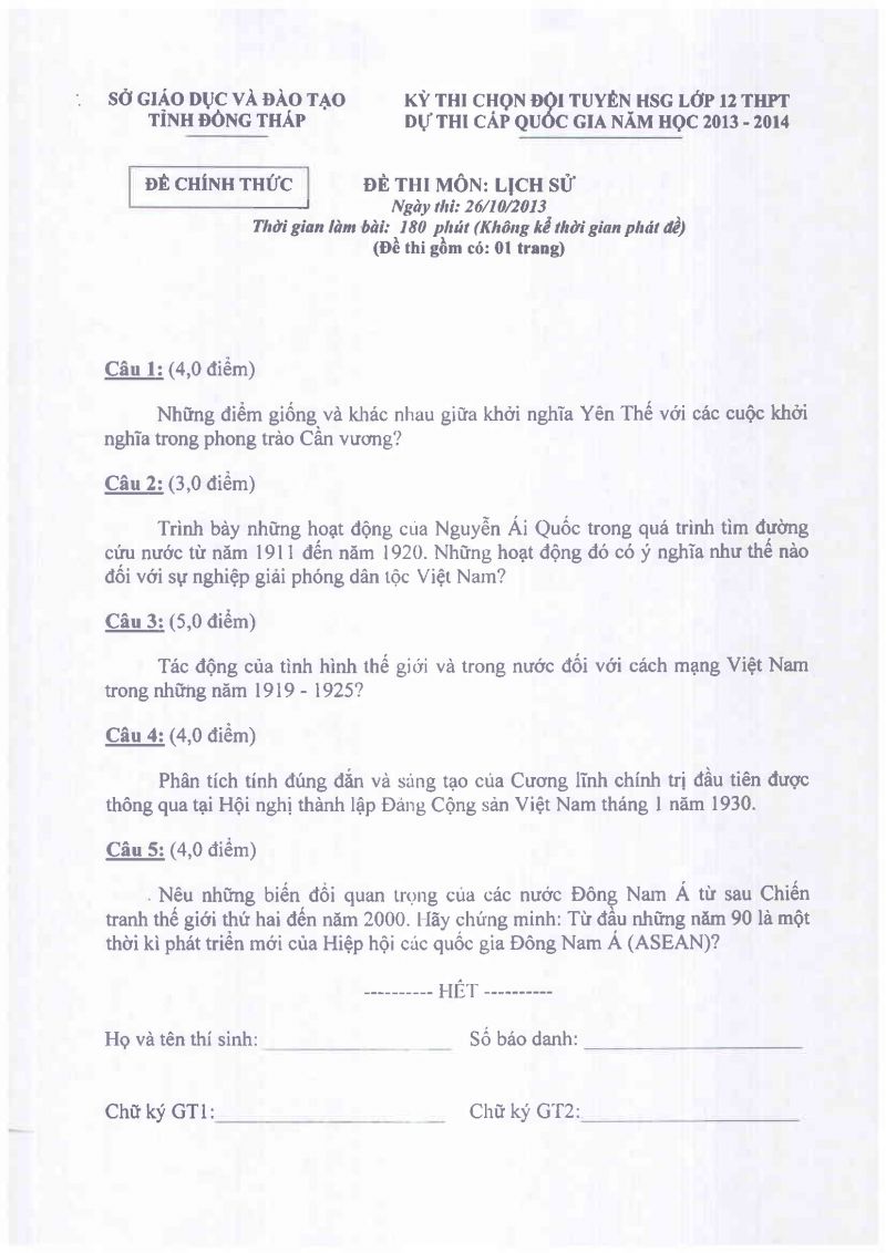 Đề thi chọn đội tuyển HSG lớp 12 THPT dự thi cấp quốc gia môn Lịch Sử tỉnh Đồng Tháp năm 2013
