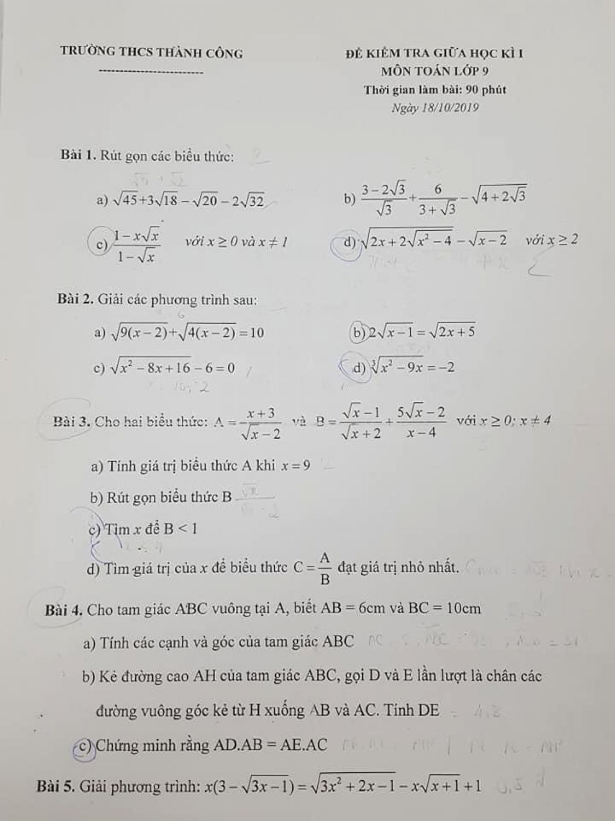 Đề kiểm tra giữa học k&igrave; I m&ocirc;n To&aacute;n lớp 9 Trường THCS Th&agrave;nh C&ocirc;ng năm 2019