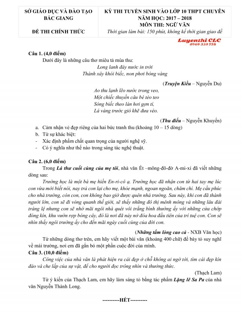 Đề thi tuyển sinh vào lớp 10 THPT môn Ngữ Văn CHUYÊN tỉnh Bắc Giang năm 2018