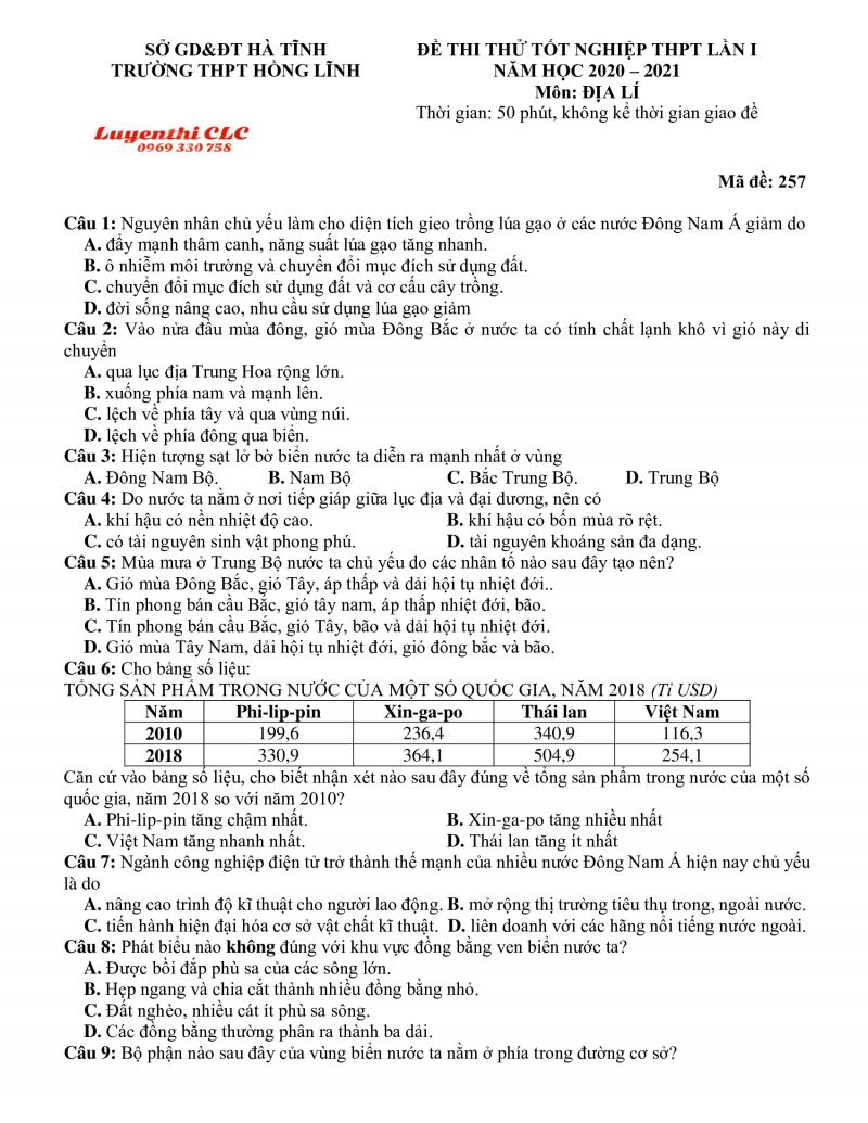 Đề thi thử tốt nghiệp THPT m&ocirc;n Địa L&iacute; lần 1 Trường THPT Hồng Lĩnh tỉnh H&agrave; Tĩnh năm 2021