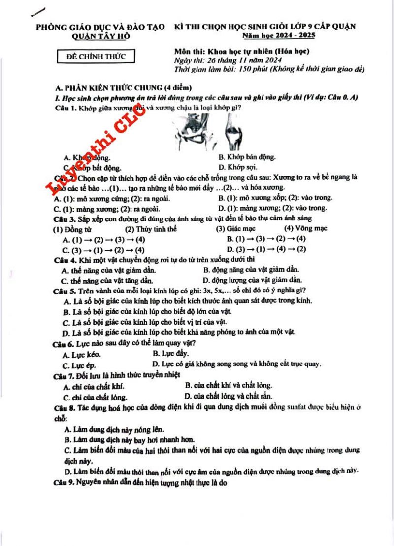 Đề thi chọn HSG KHTN (Hóa học) lớp 9 quận Tây Hồ năm 2024-2025