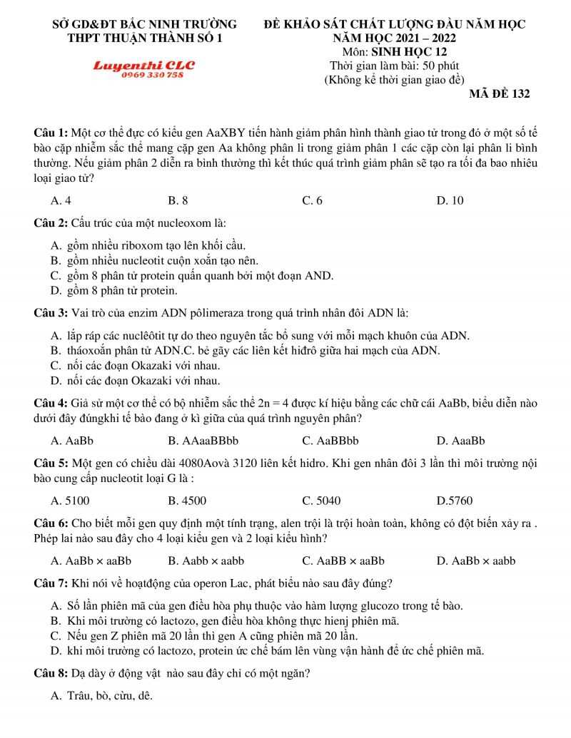 Đề khảo s&aacute;t chất lượng đầu năm học m&ocirc;n Sinh học lớp 12 Trường  THPT Thuận Th&agrave;nh số 1 tỉnh  Bắc Ninh năm 2021