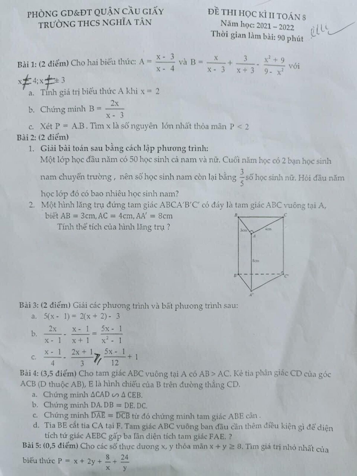 Đề thi học kì 2 môn Toán lớp 8 Trường THCS Nghĩa Tân, quận Cầu Giấy, Hà Nội năm 2022