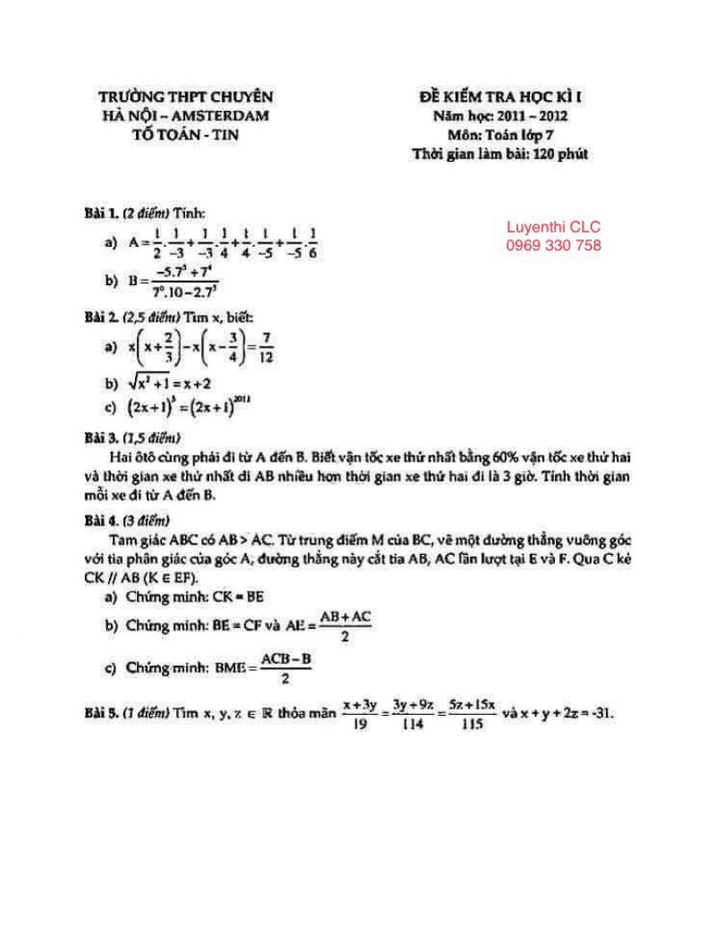 Đề kiểm tra học kì I môn Toán lớp 7 Trường THPT CHUYÊN Amsterdam năm 2011