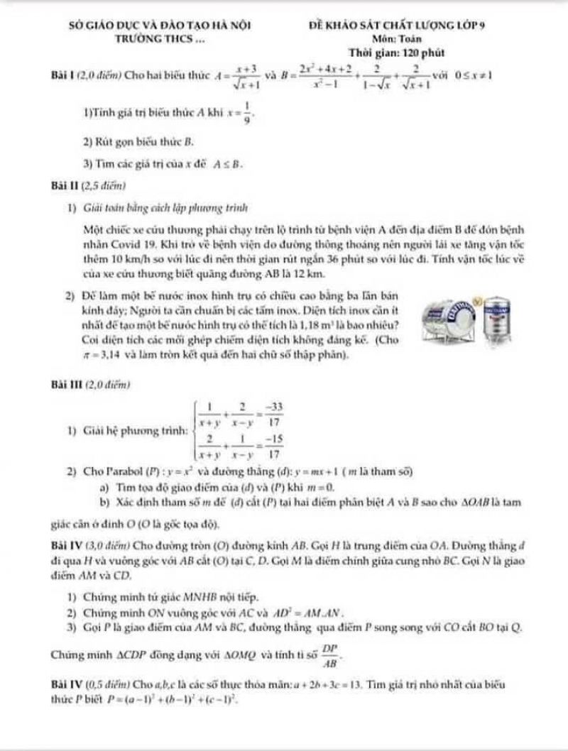 Đề khảo sát chất lượng môn Toán lớp 9 tại Hà Nội
