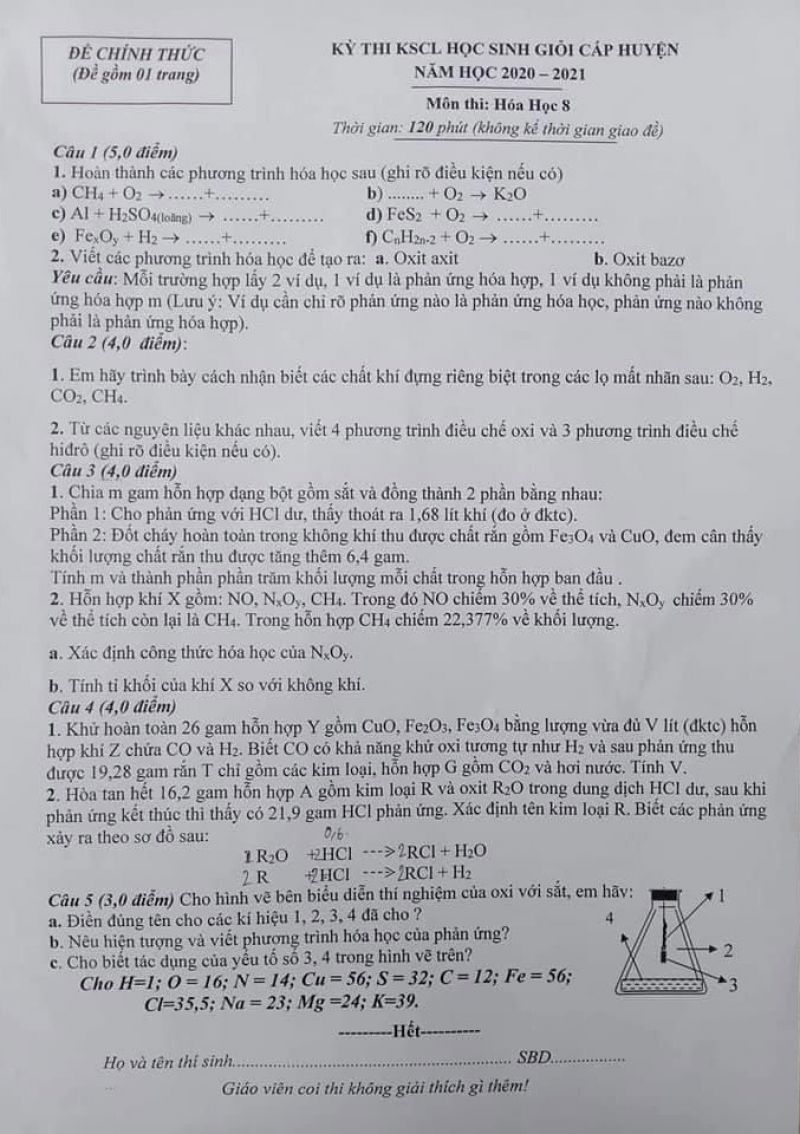 Đề thi khảo sát chất lượng HSG môn Hóa Học lớp 8 năm 2021