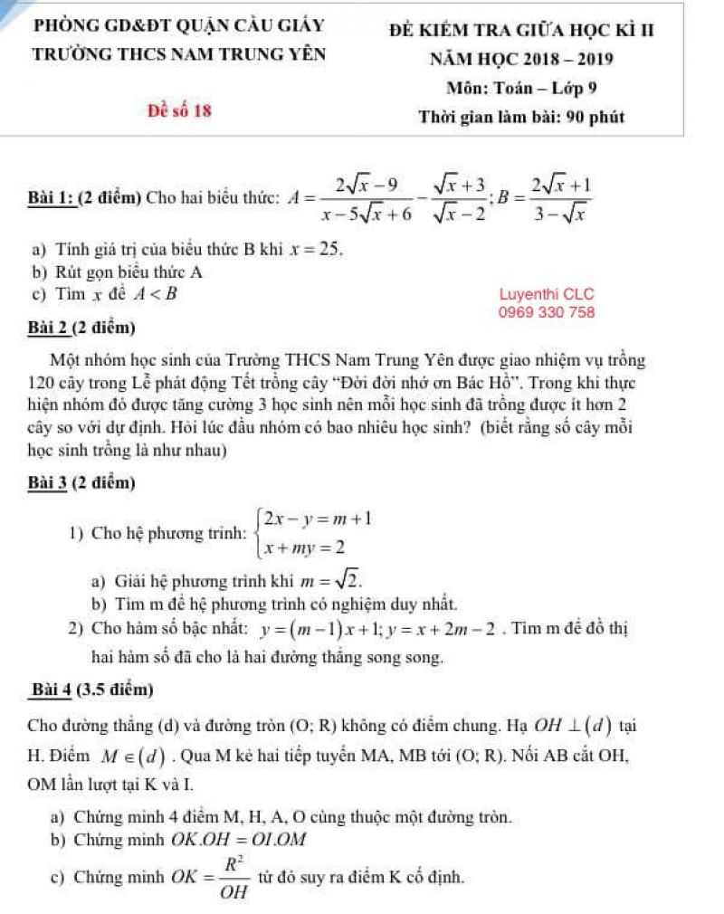 Đề kiểm tra giữa học kì II môn Toán Trường THCS Nam Trung Yên, quận Cầu Giấy, Hà Nội năm 2018