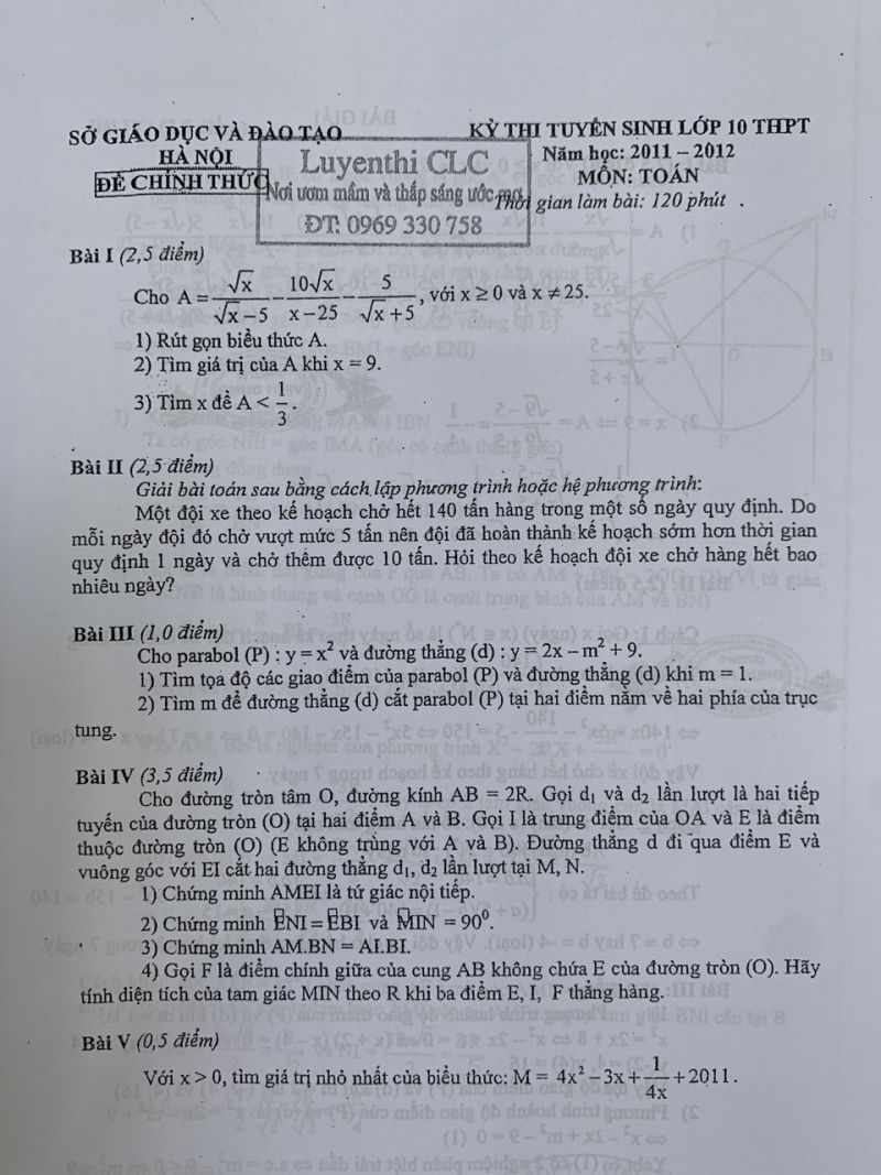 Đề thi tuyển sinh vào lớp 10 THPT môn Toán tại Hà Nội năm 2011
