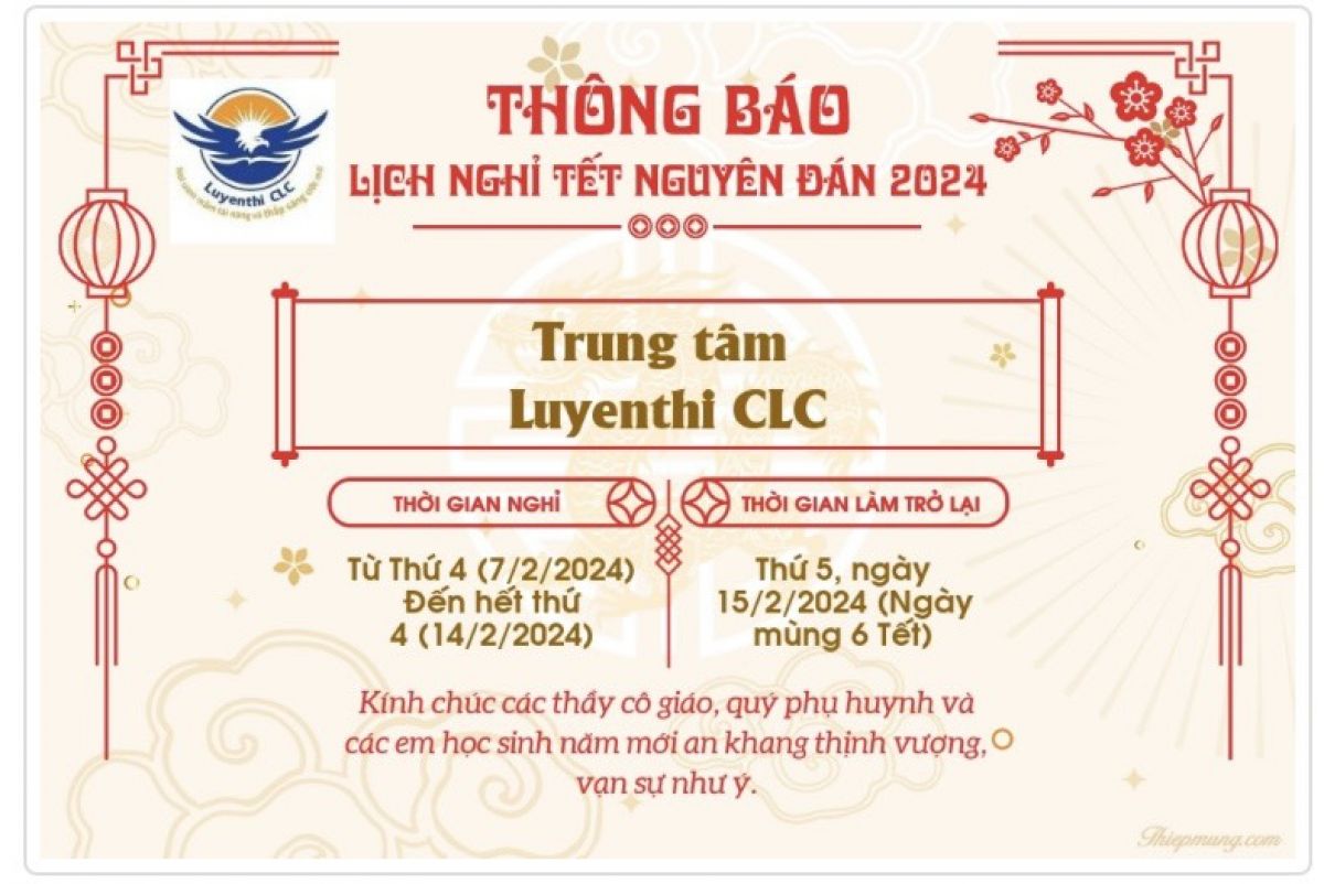 THÔNG BÁO LỊCH NGHỈ TẾT NGUYÊN ĐÁN
