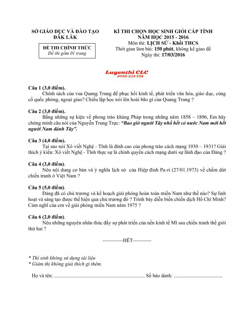 Đề thi chọn HSG cấp tỉnh môn Lịch Sử khối THCS - lần 1 tỉnh Đắk Lắk năm 2016