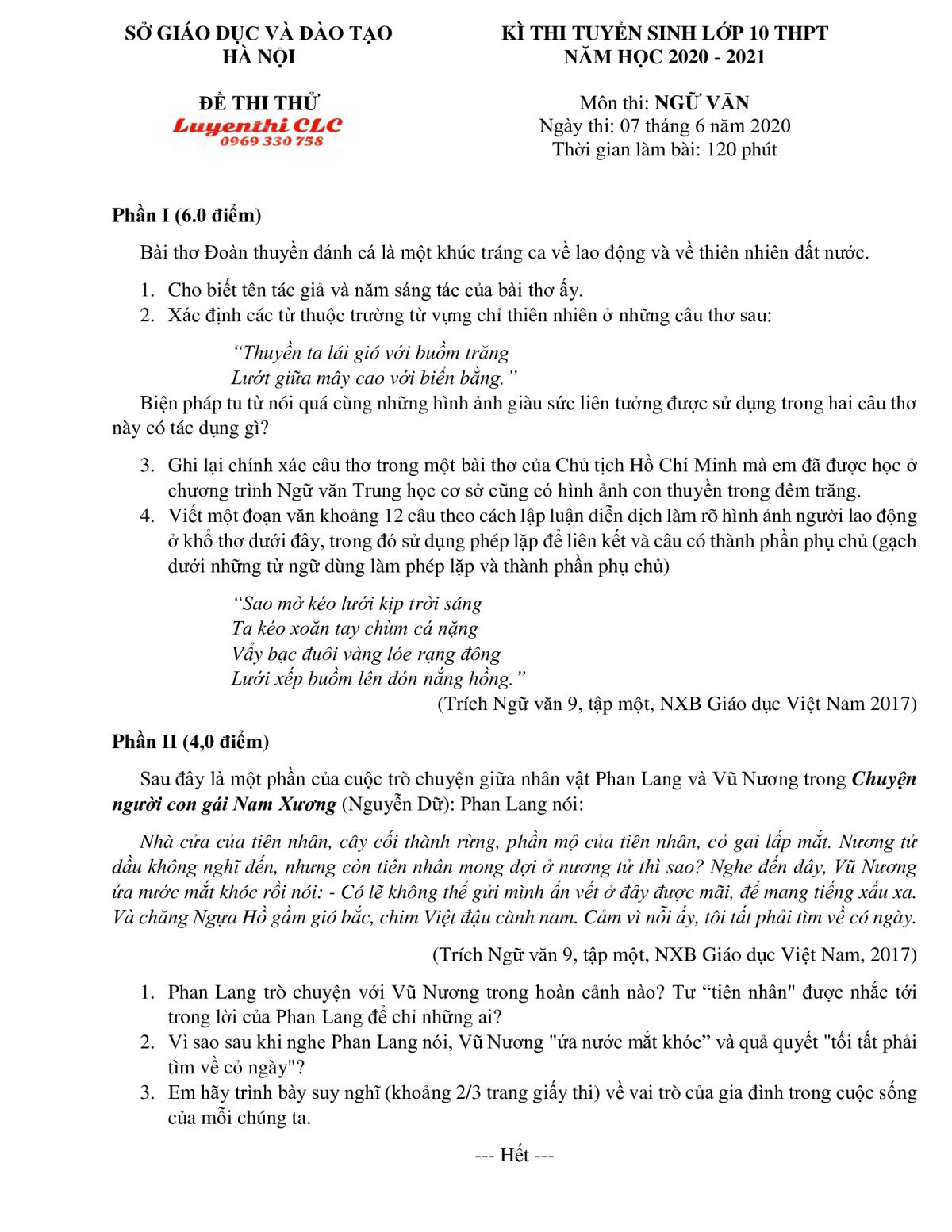 Đề thử thi tuyển sinh vào lớp 10 THPT môn Ngữ Văn tại Hà Nội năm 2020