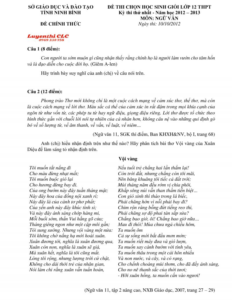 Đề thi chọn HSG lớp 12 THPT môn Ngữ Văn (Kỳ  thi thứ nhất) tỉnh Ninh Bình năm 2012