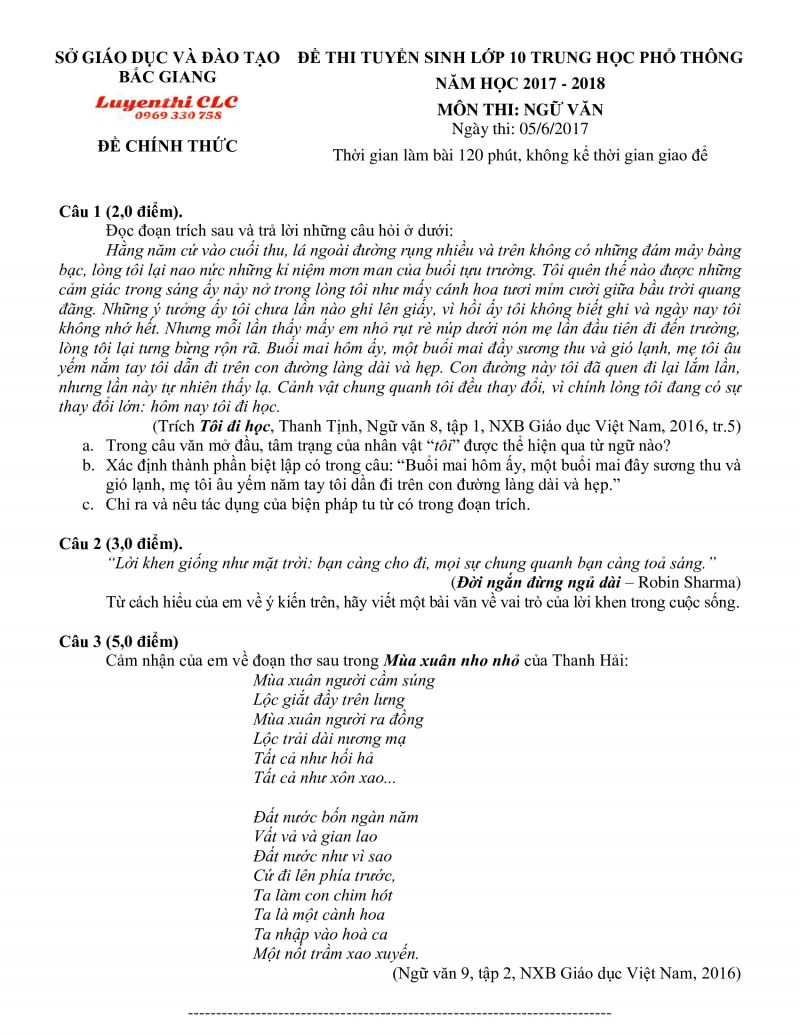Đề thi v&agrave;o lớp 10 THPT m&ocirc;n Ngữ Văn tỉnh Bắc Giang năm 2017