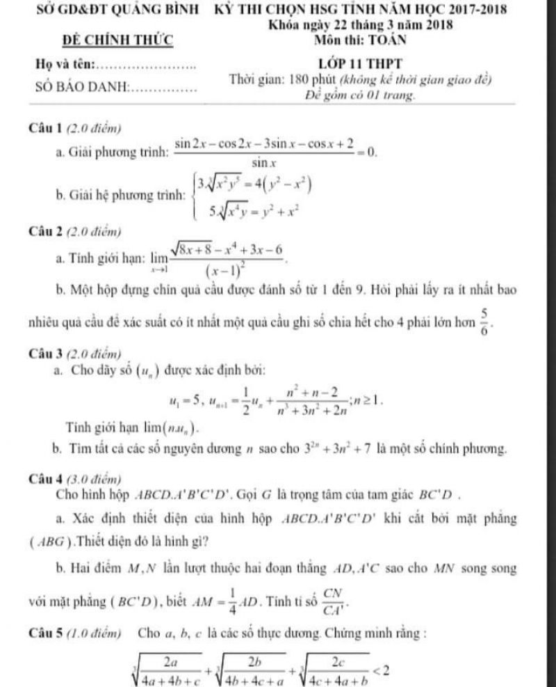 Đề thi chọn HSG tỉnh môn Toán lớp 11 THPT tỉnh Quảng Bình năm 2018