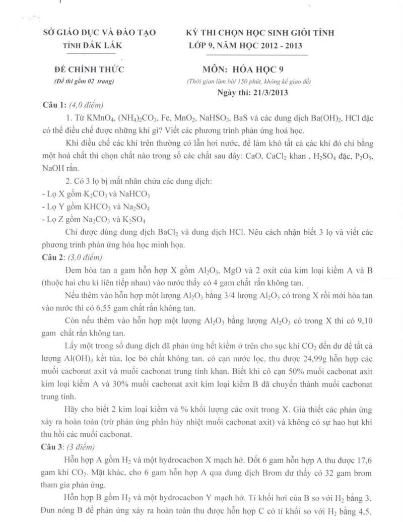 Đề thi chọn HSG m&ocirc;n H&oacute;a Học lớp 9 tỉnh Đắk Lắk năm 2013