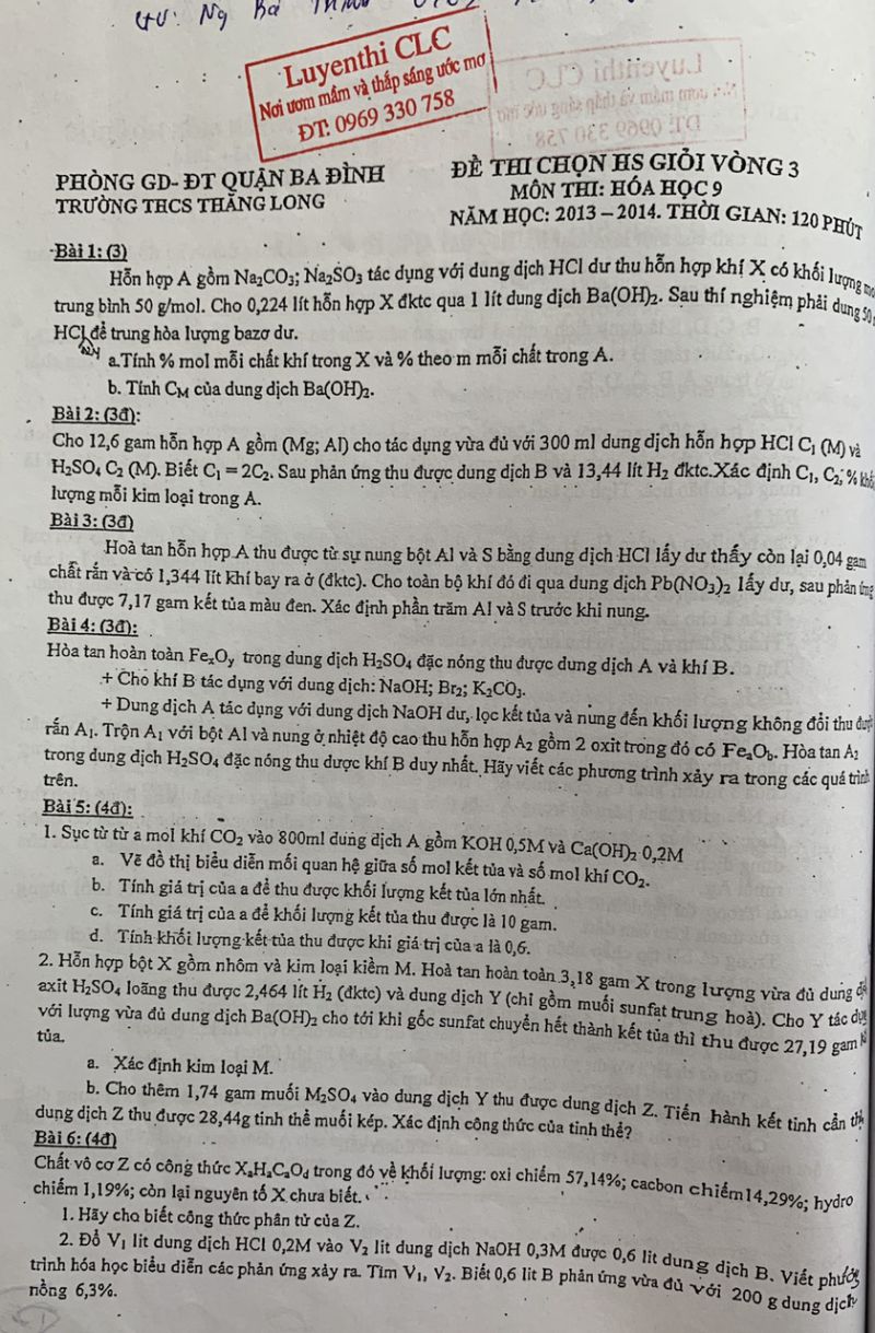 Đề thi chọn HSG v&ograve;ng 3 m&ocirc;n H&oacute;a học 9 Trường THCS Thăng Long, Quận Ba Đ&igrave;nh năm 2013