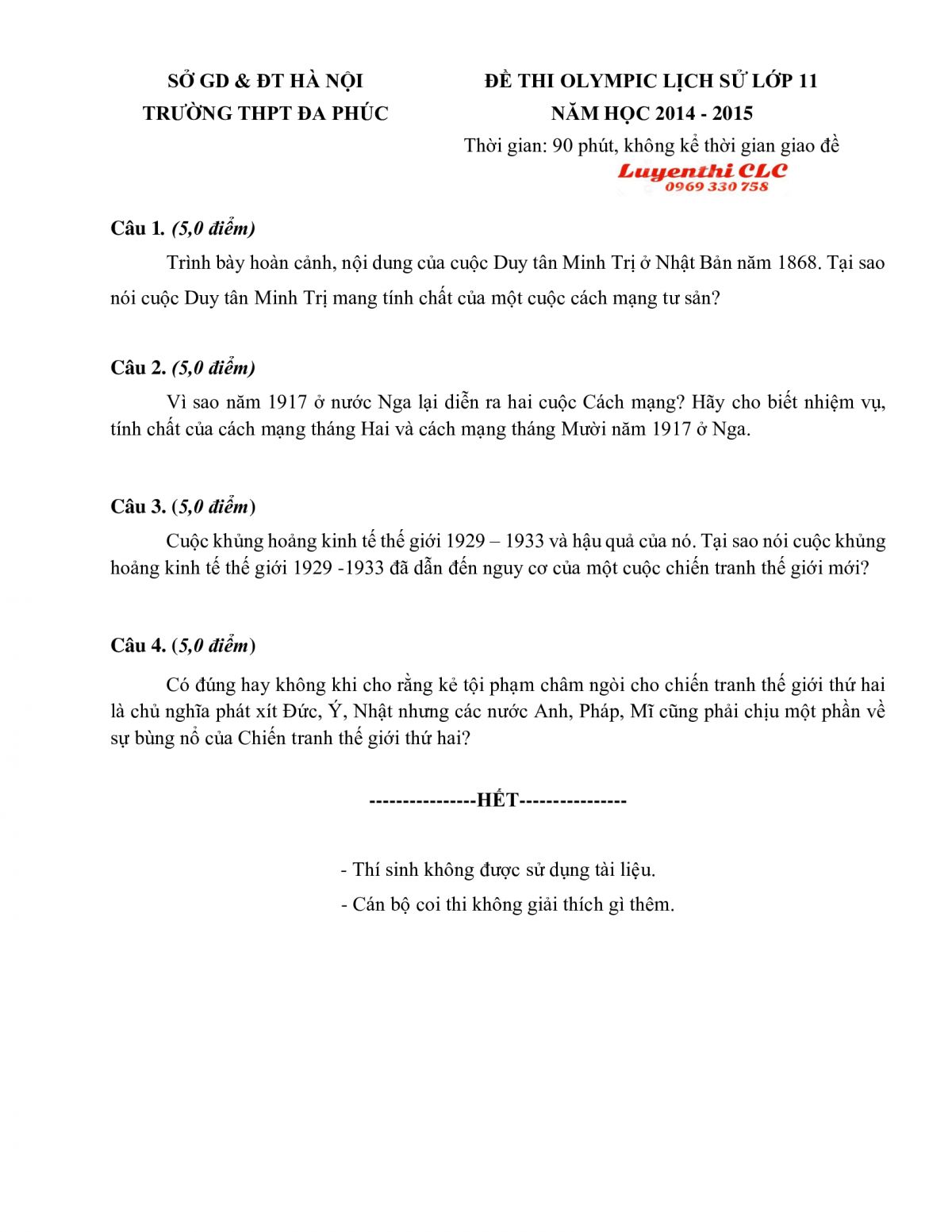 Đề thi Olympic m&ocirc;n Lịch Sử lớp 11 tại H&agrave; Nội năm 2014