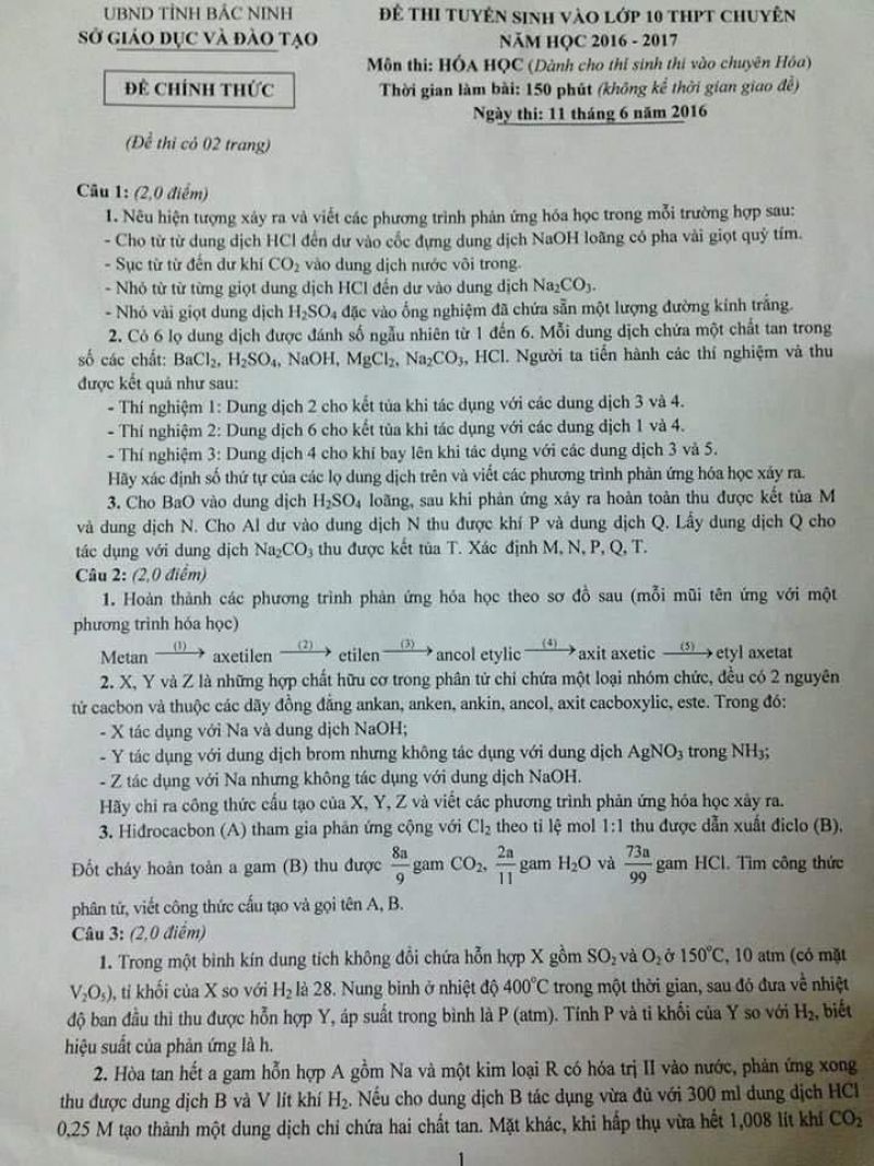 Đề thi tuyển sinh v&agrave;o lớp 10 THPT CHUY&Ecirc;N m&ocirc;n H&oacute;a Học tỉnh Bắc Ninh năm 2016