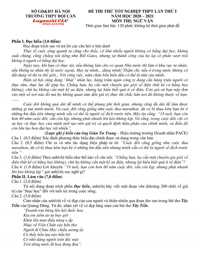 Đề thi thử tốt nghiệp THPT lần 1 m&ocirc;n Ngữ Văn Trường THPT Đội Cấn th&agrave;nh phố H&agrave; Nội năm 2021