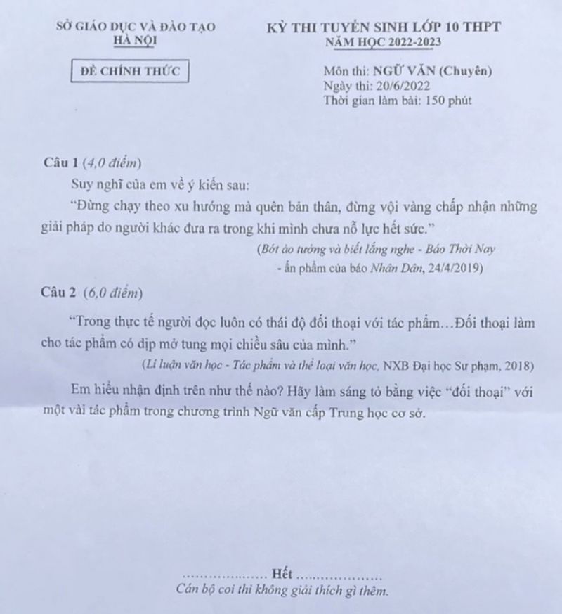 Đề thi tuyển sinh v&agrave;o lớp 10 THPT m&ocirc;n Ngữ Văn ( Chuy&ecirc;n ) tại H&agrave; Nội năm 2022