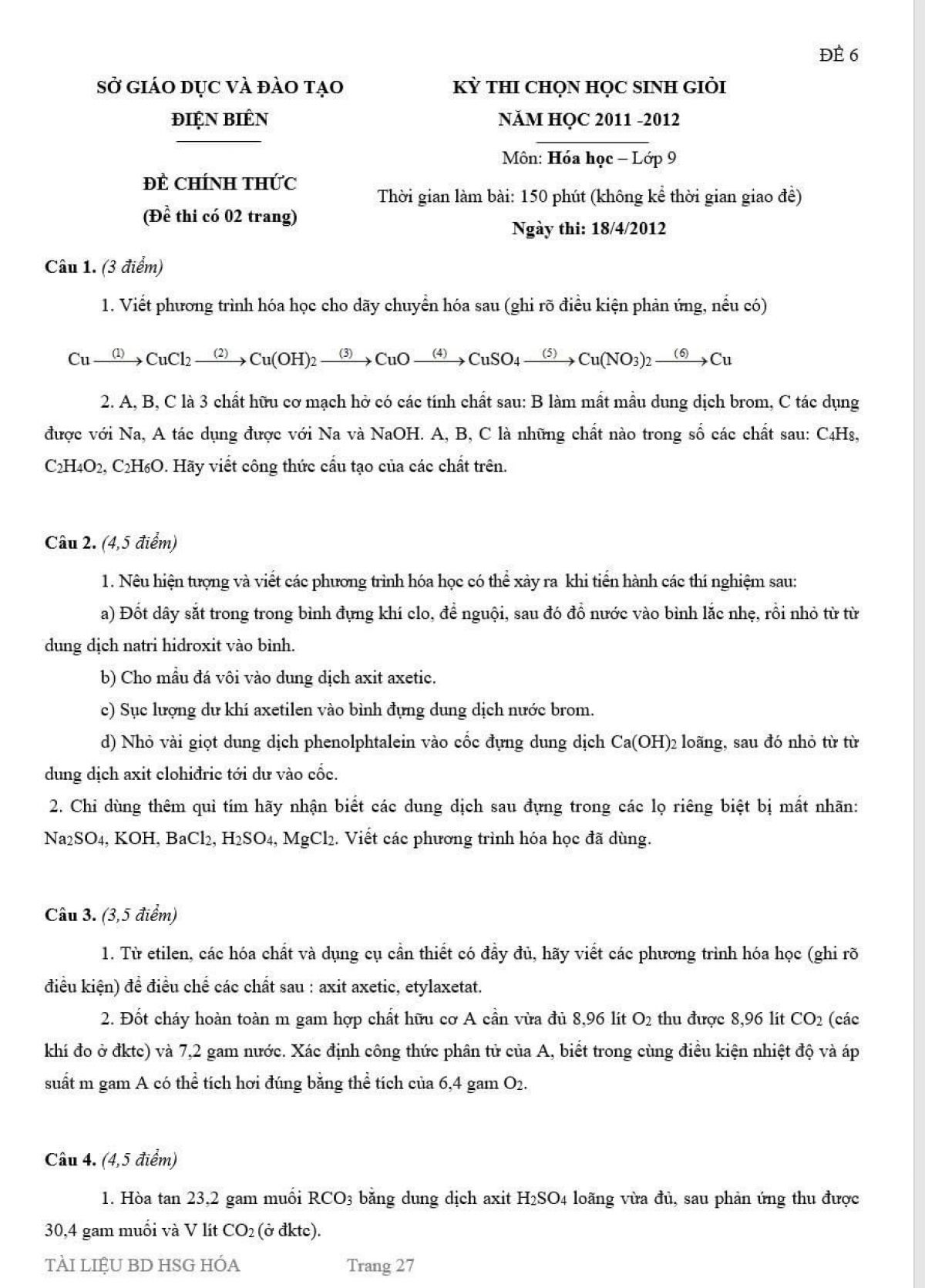 Đề thi chọn HSG m&ocirc;n H&oacute;a Học lớp 9 tỉnh Đi&ecirc;n Bi&ecirc;n năm 2012