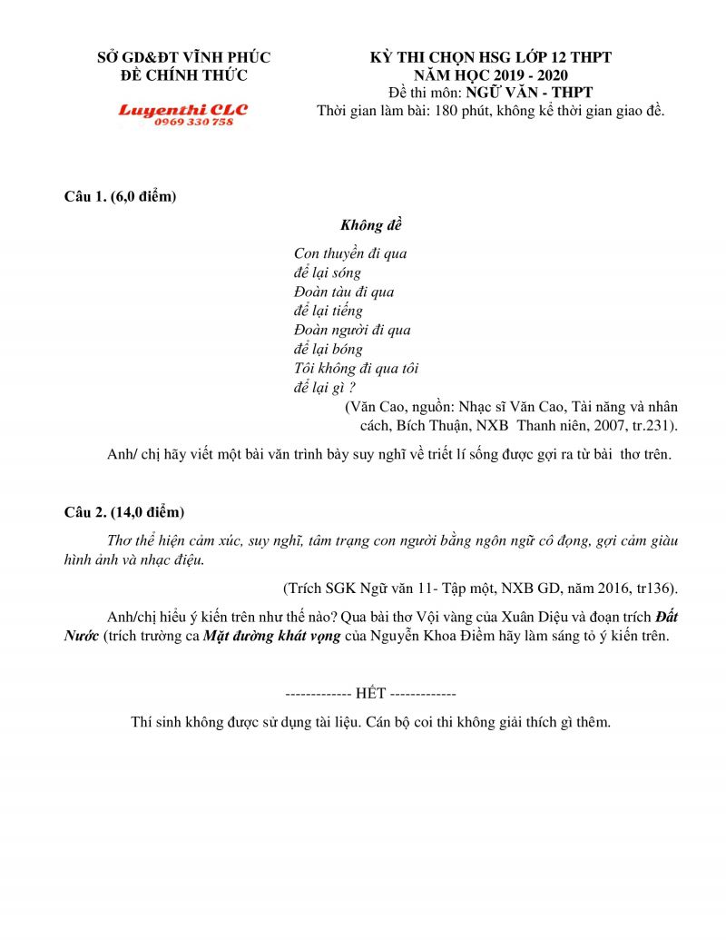 Đề thi chọn HSG m&ocirc;n Ngữ Văn lớp 12 THPT tỉnh Vĩnh Ph&uacute;c năm  2019