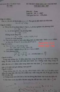 Đề thi HSG lớp 9 cấp th&agrave;nh phố m&ocirc;n To&aacute;n tại H&agrave; Nội năm 2007