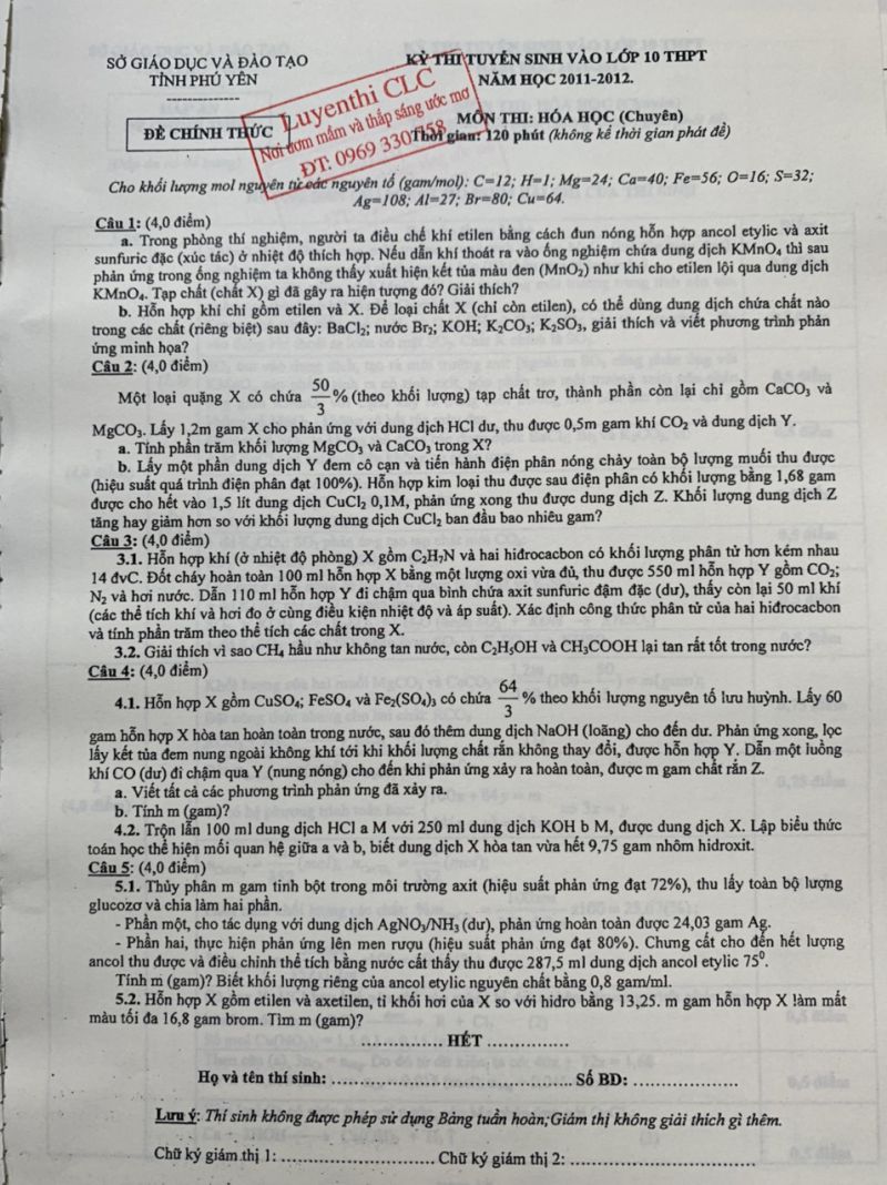 Đề thi tuyển sinh vào lớp 10 THPT CHUYÊN và đáp án  môn Hóa Học tỉnh Phú Yên năm 2012