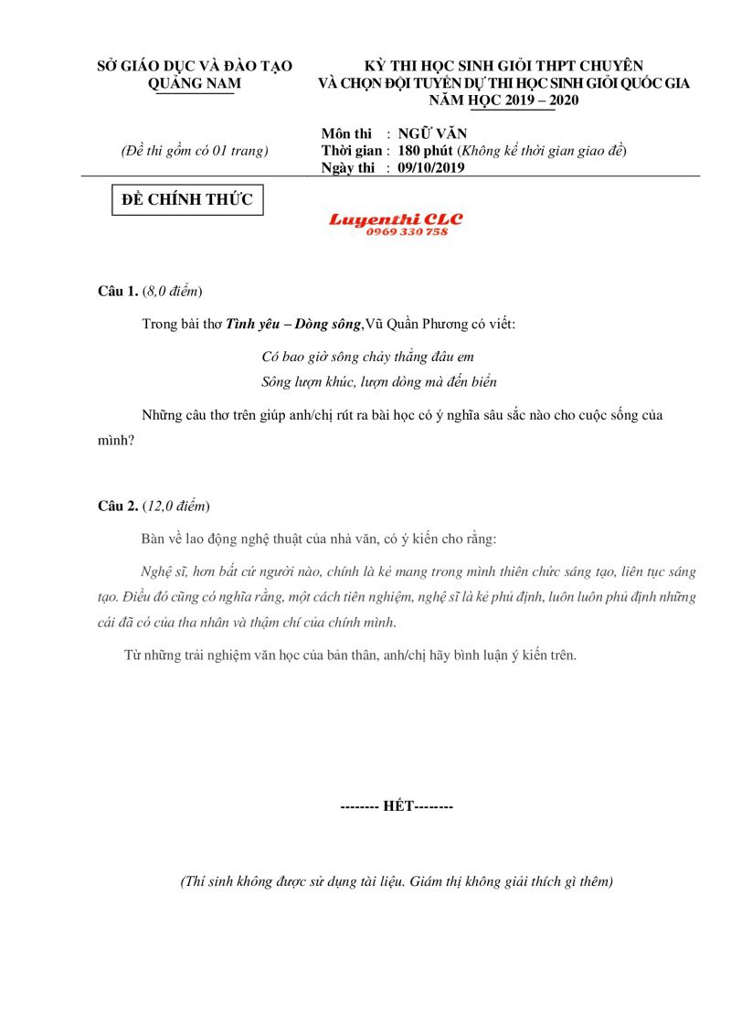 Đề thi HSG THPT CHUY&Ecirc;N v&agrave; chọn đội tuyển dự thi HSG Quốc Gia m&ocirc;n Ngữ Văn tỉnh Quảng Nam năm 2019