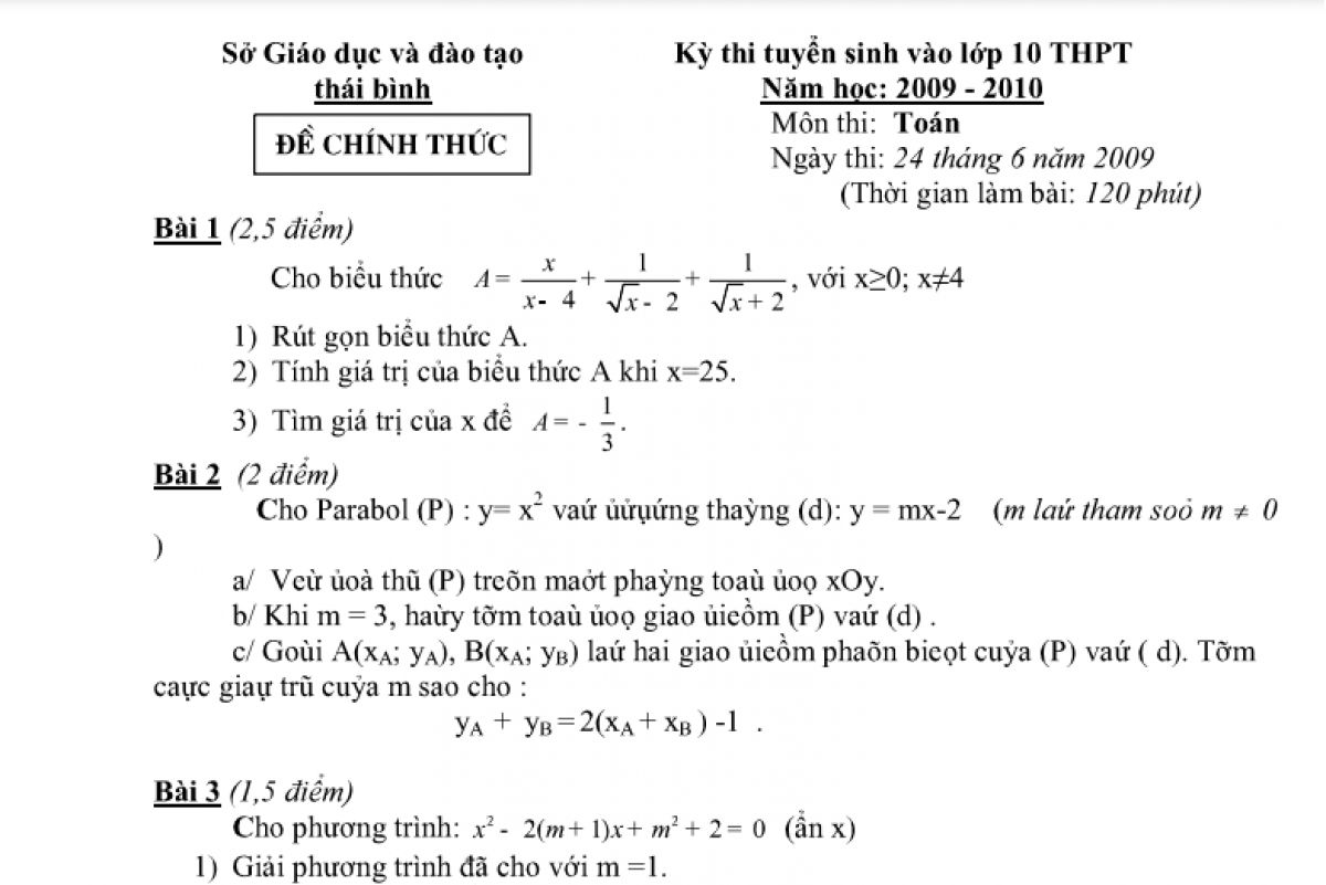 Đề thi tuyển sinh vào lớp 10 THPT môn Toán tỉnh Thái Bình năm 2009
