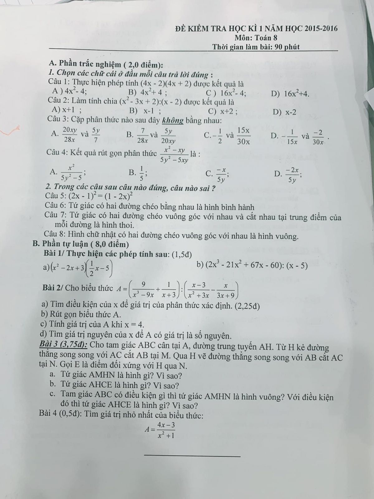 Đề kiểm tra học kì I môn Toán lớp 8 năm 2015