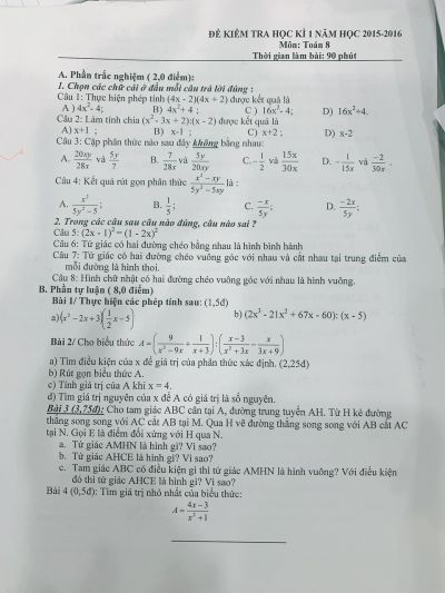 Đề kiểm tra học kì I môn Toán lớp 8 năm 2015