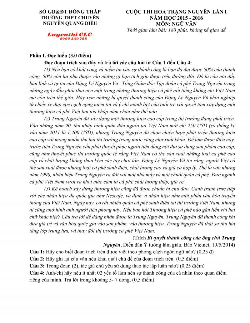 Đề thi chọn HSG môn Ngữ Văn lớp 12 Trường THPT Nguyễn Quang Diêu tỉnh Đồng Tháp năm 2015