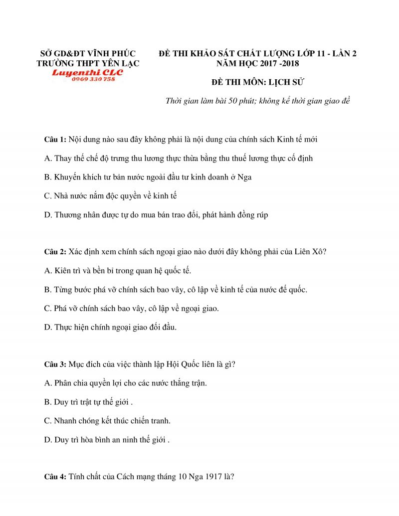 Đề thi khảo sát chất lượng lớp 11 lần 2 và đáp án môn Lịch Sử tỉnh Vĩnh Phúc năm 2017