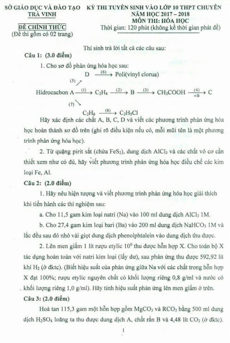 Đề thi tuyển sinh vào lớp 10 THPT CHUYÊN môn Hóa Học tỉnh Trà Vinh năm 2018