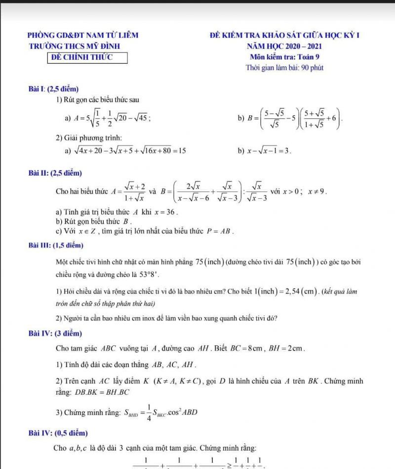 Đề kiểm tra khảo s&aacute;t giữa học k&igrave; I m&ocirc;n To&aacute;n Trường THCS Mỹ Đ&igrave;nh năm 2019