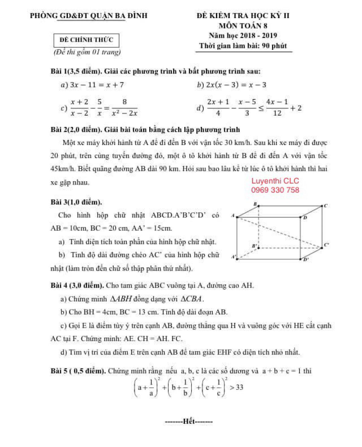 Đề kiểm tra học k&igrave; II m&ocirc;n To&aacute;n lớp 8 quận Ba Đ&igrave;nh, H&agrave; Nội năm 2018