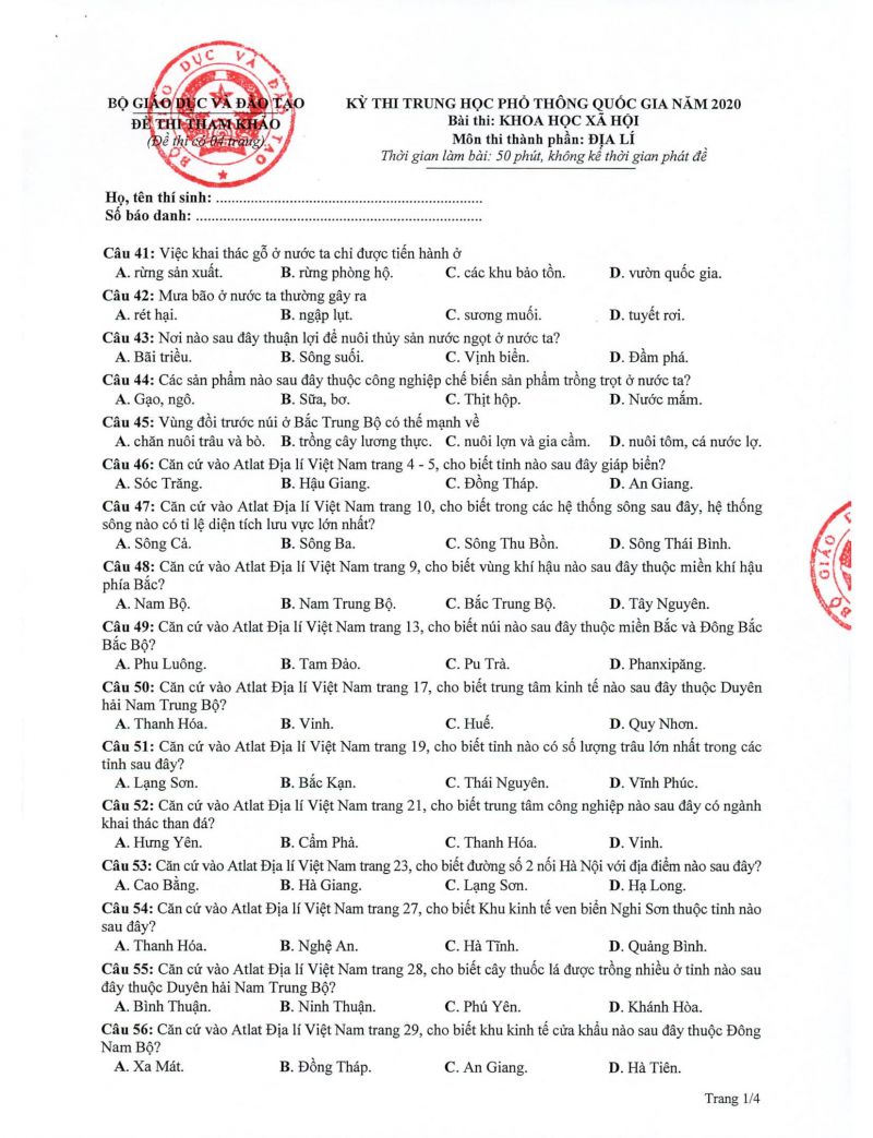 Đề thi THPT Quốc Gia và đáp án môn Địa Lý năm 2020 (Đề tham khảo)