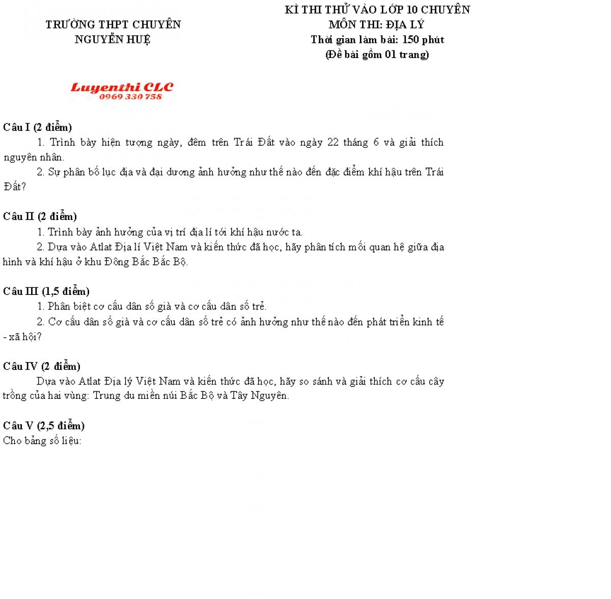 Đề thi thử vào lớp 10 CHUYÊN và đáp án môn Địa Lí Trường THPT CHUYÊN Nguyễn Huệ
