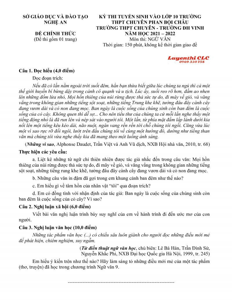 Đề thi tuyển sinh vào lớp 10 môn Ngữ Văn tỉnh Nghệ An năm 2021