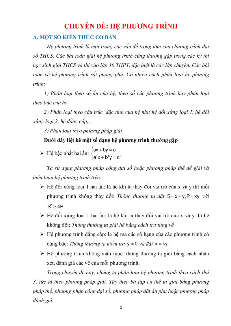 Chuyên đề: Hệ phương trình