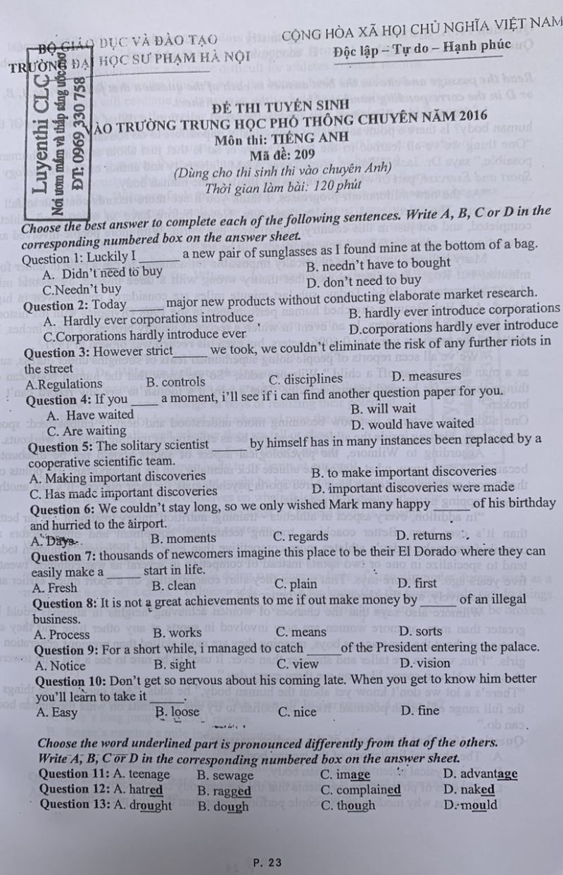 Đề thi tuyển sinh v&agrave;o Trường THPT CHUY&Ecirc;N m&ocirc;n Tiếng Anh Trường Đại học Sư phạm H&agrave; Nội năm 2016