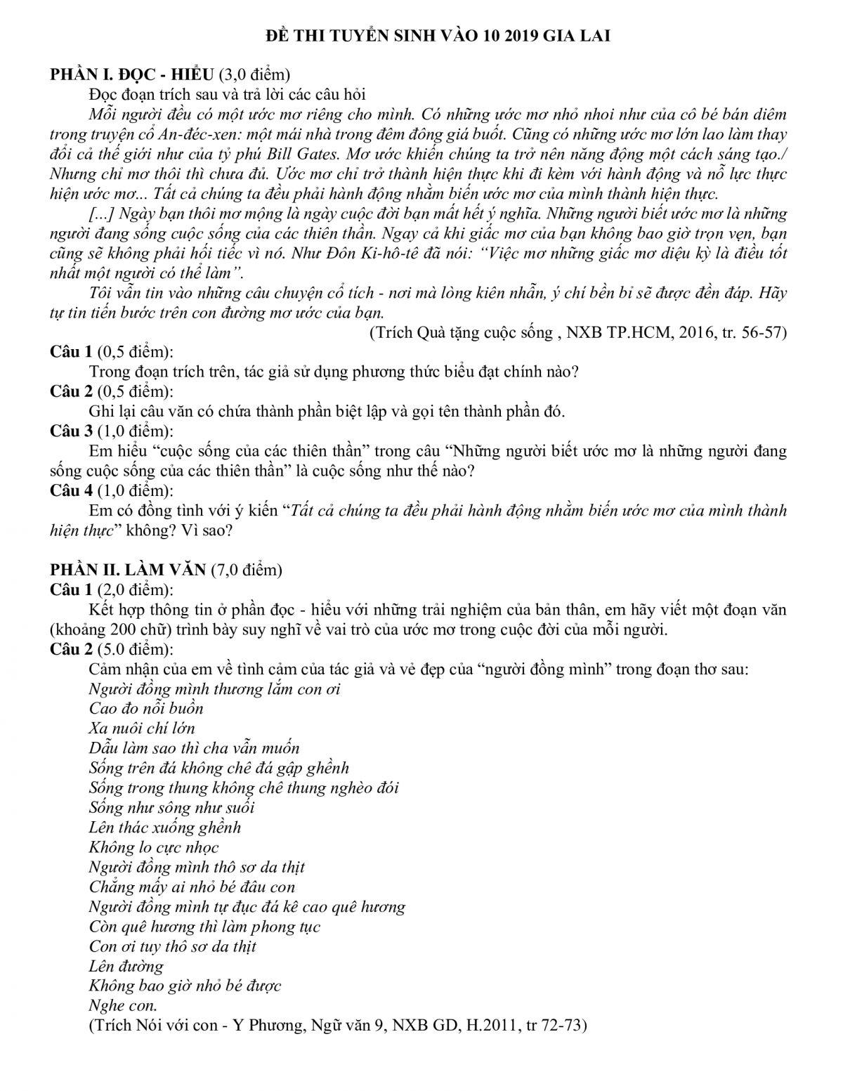 Đề thi tuyển sinh v&agrave;o lớp 10 m&ocirc;n Ngữ Văn tỉnh Gia Lai năm 2019