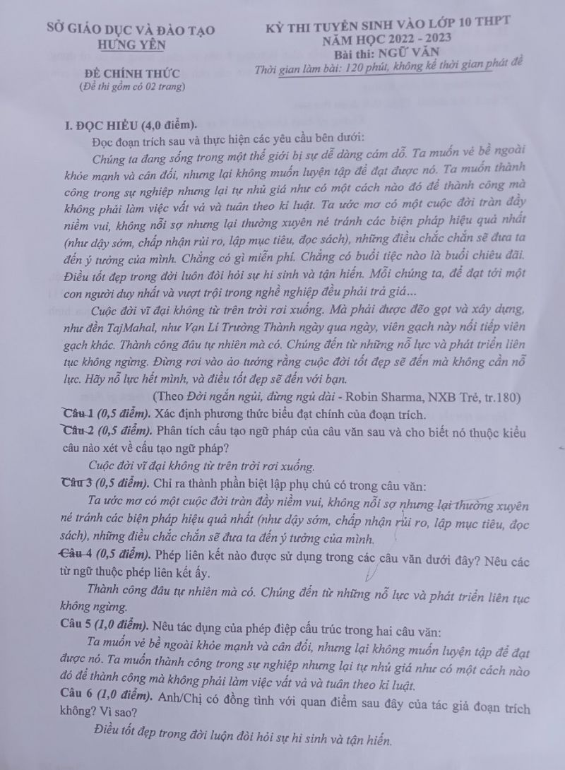 Đề thi tuyển sinh vào lớp 10 THPT môn Ngữ Văn tỉnh Hưng Yên năm 2022