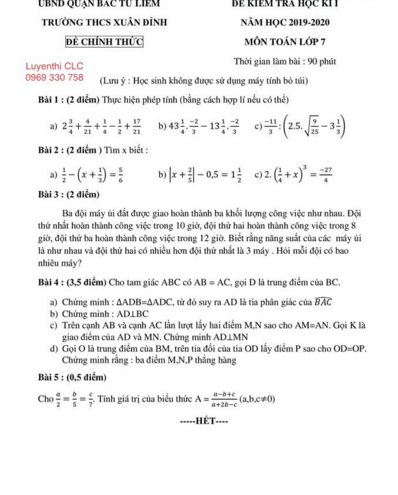 Đề kiểm tra học kì I môn Toán lớp 7 Trường THCS Xuân Đỉnh, quận Bắc Từ Liêm, Hà Nội năm 2019