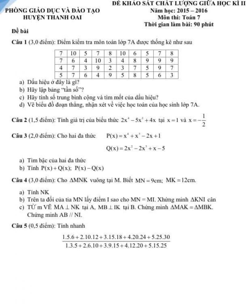 Đề khảo s&aacute;t chất lượng giữa học k&igrave; II m&ocirc;n To&aacute;n lớp 7 huyện Thanh Oai, H&agrave; Nội năm 2015