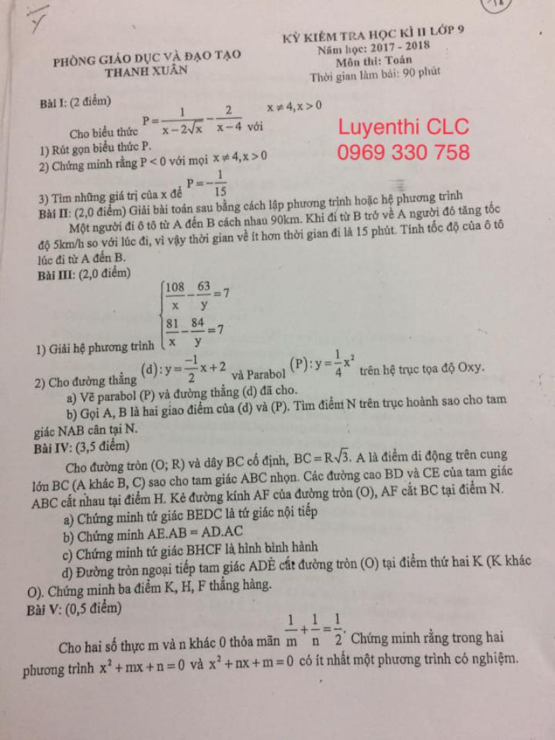 Hệ thống đề thi học kỳ II môn Toán lớp 9 - Hay