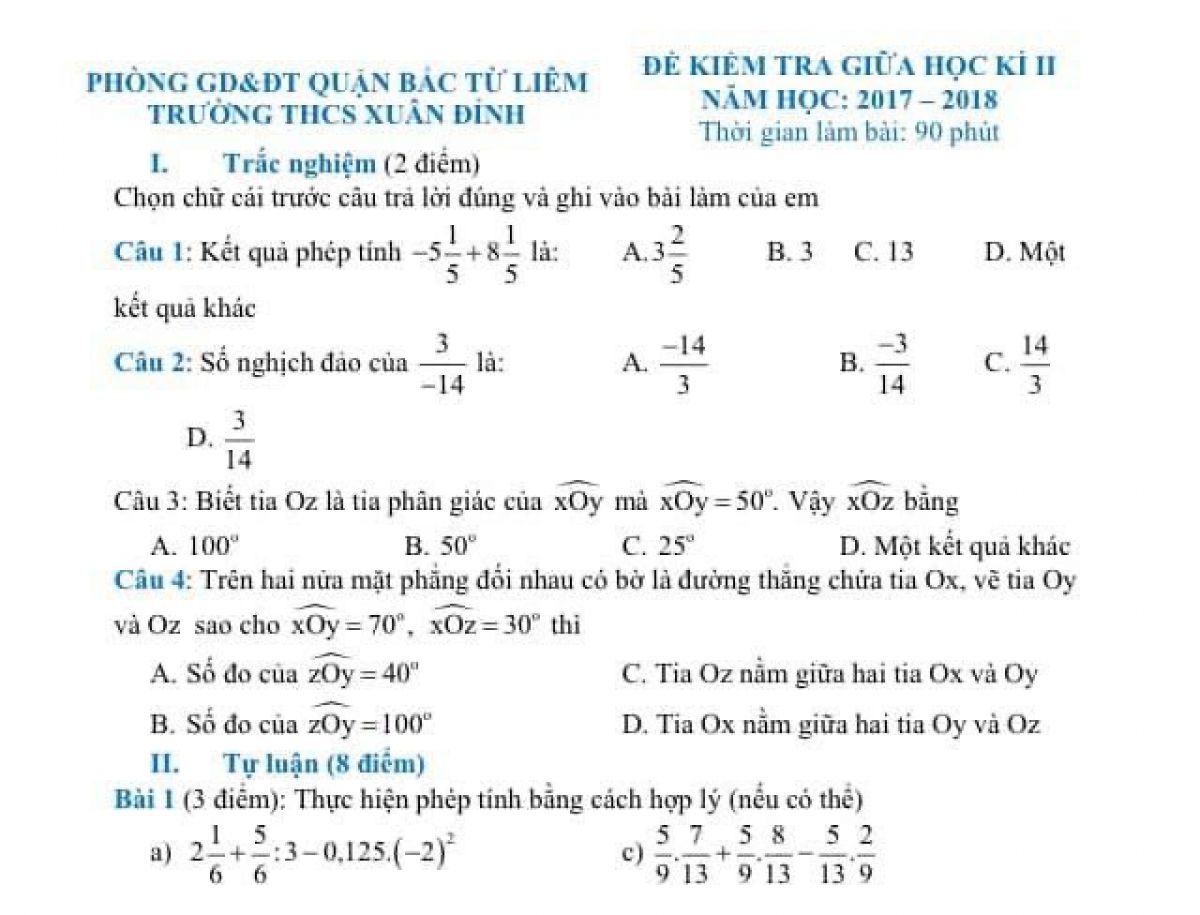 Đề kiểm tra học k&igrave; II m&ocirc;n To&aacute;n Trường THCS Xu&acirc;n Đỉnh, quận Bắc Từ Li&ecirc;m, H&agrave; Nội năm 2017