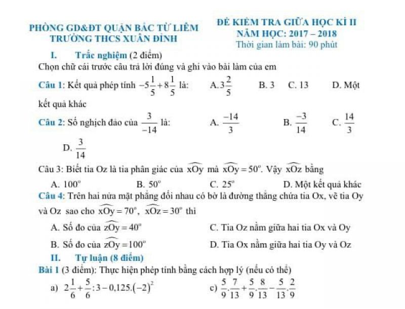 Đề kiểm tra học kì II môn Toán Trường THCS Xuân Đỉnh, quận Bắc Từ Liêm, Hà Nội năm 2017